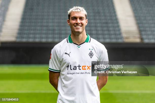 Joe Scally pose during the Team Presentation of Borussia Moenchengladbach at Borussia-Park on August 02, 2023 in Moenchengladbach, Germany.