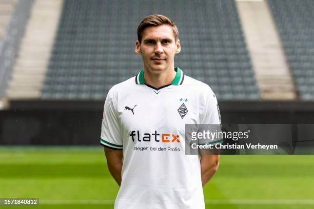 Maximilian Woeber pose during the Team Presentation of Borussia Moenchengladbach at Borussia-Park on August 02, 2023 in Moenchengladbach, Germany.