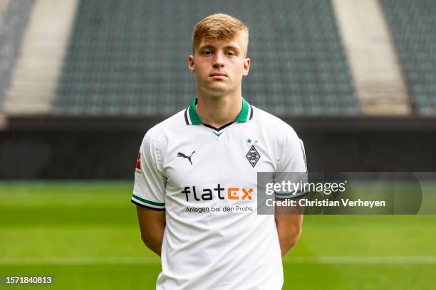 Luca Netz pose during the Team Presentation of Borussia Moenchengladbach at Borussia-Park on August 02, 2023 in Moenchengladbach, Germany.