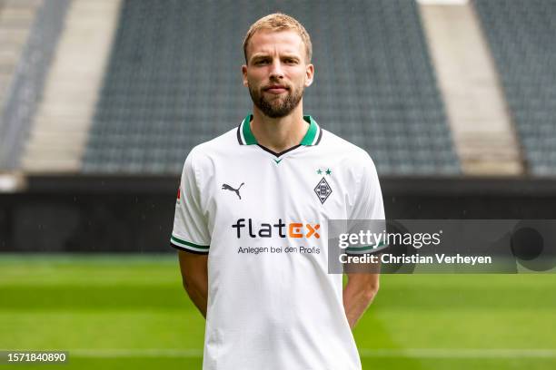 Marvin Friedrich pose during the Team Presentation of Borussia Moenchengladbach at Borussia-Park on August 02, 2023 in Moenchengladbach, Germany.