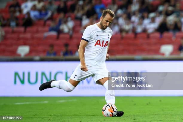 Harry Kane of Tottenham Hotspur scores a penalty for his team's first goal against the Lion City Sailors during the first half of the pre-season...