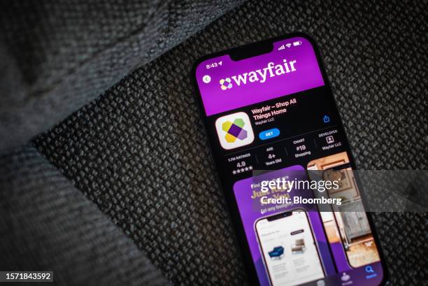 The Wayfair app on a smartphone arranged in Hastings-on-Hudson, New York, US, on Monday, July 31, 2023. Wayfair Inc. Is scheduled to release earnings...