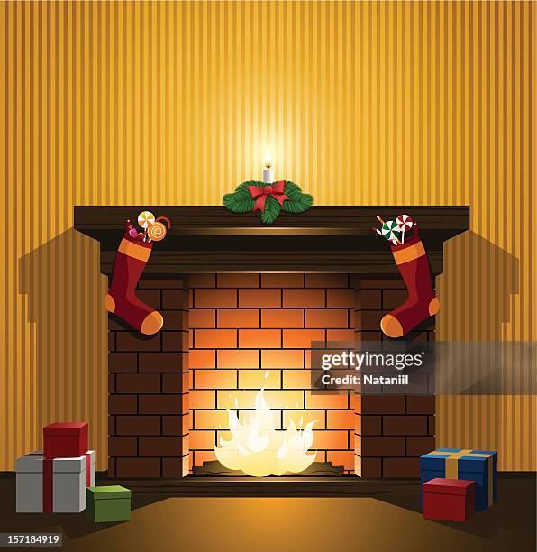 stockillustraties, clipart, cartoons en iconen met christmas fireplace - open haard