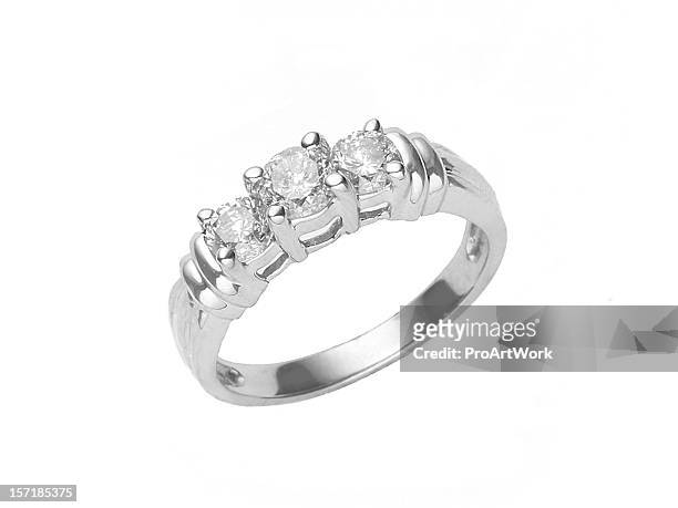 three diamonds set in a white gold ring isolated on white - ring juveler bildbanksfoton och bilder