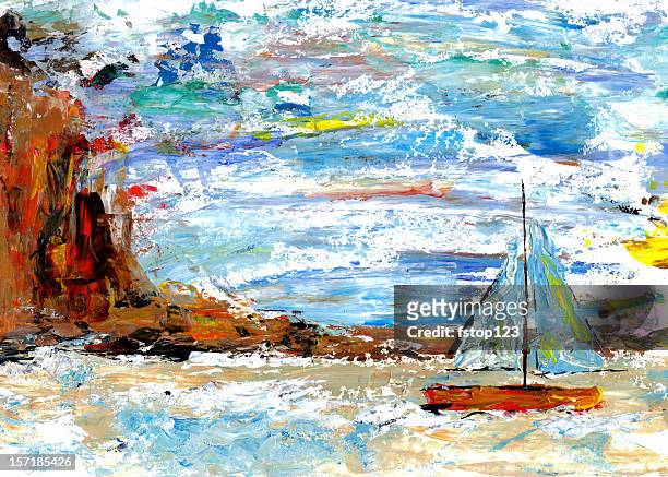 palette knife painting of sailboat with cliff and sky  background. - sailing ship painting stock illustrations