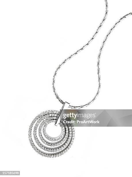 circular diamond pendant necklace isolated on white - ketting stockfoto's en -beelden