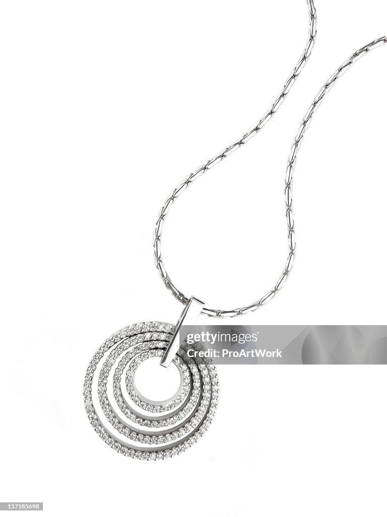 Circular diamond pendant necklace isolated on white