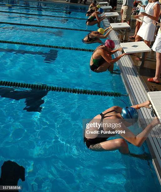 female youth swimmers in start position - swimming team stock pictures, royalty-free photos & images