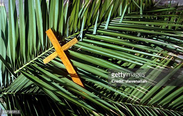 wooden cross on palm leafs palm sunday - palm sunday stock pictures, royalty-free photos & images