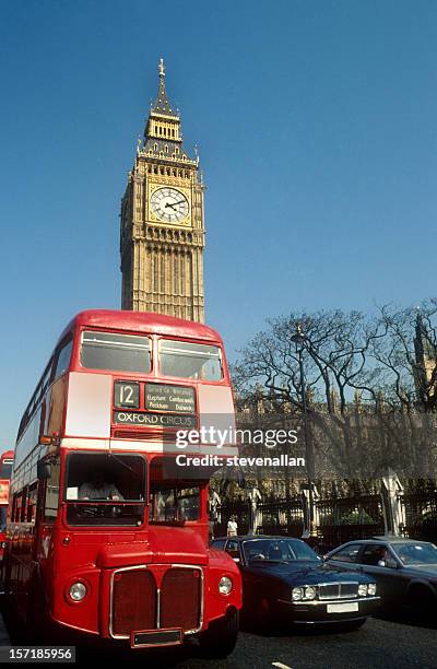 london double decker us and big ben houses of parliament - london bus big ben stock pictures, royalty-free photos & images