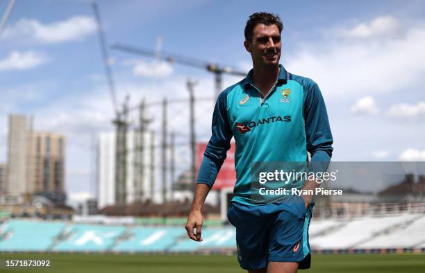 Pat Cummins of Australia looks on during the Australia Nets Session at The Kia Oval on July 26, 2023 in London, England.