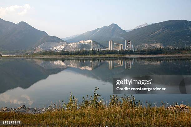 beautiful landscape of industrial cement plant from across the lake - cement production stock pictures, royalty-free photos & images