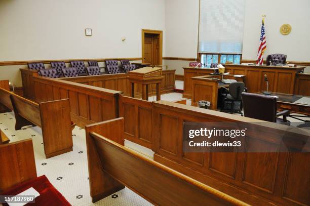 overview of empty american courtroom - courtroom stock pictures, royalty-free photos & images