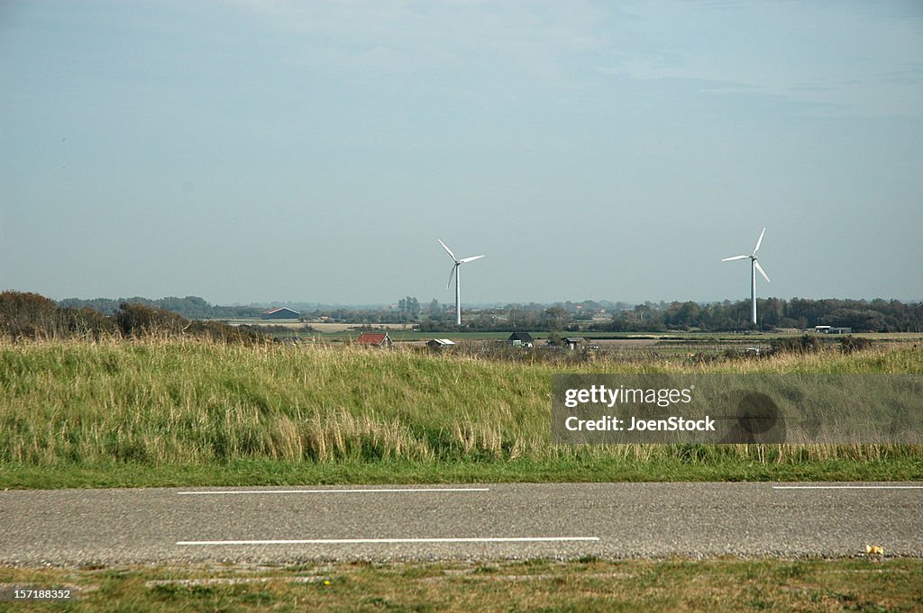 Road and windmills wind turbines