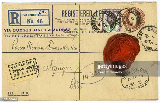 antique letter envelope with wax seal and postmarks - large envelope stock pictures, royalty-free photos & images