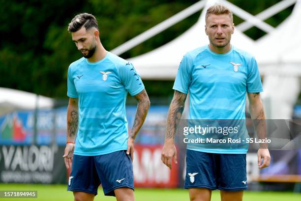 Valentin Castellan and Ciro Immobile of SS Lazio during the SS Lazio training session day 14 on July 26, 2023 in Auronzo di Cadore, Italy.