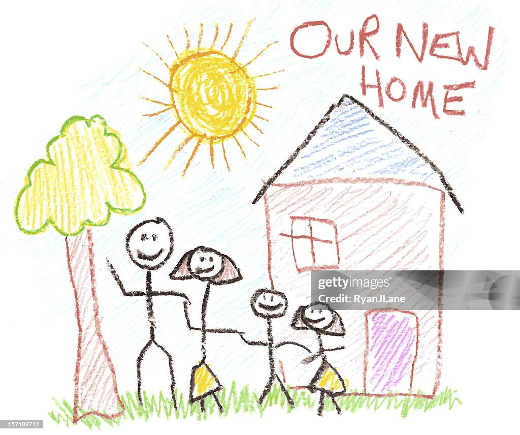 Child's Drawing of Family and New Home in Crayon