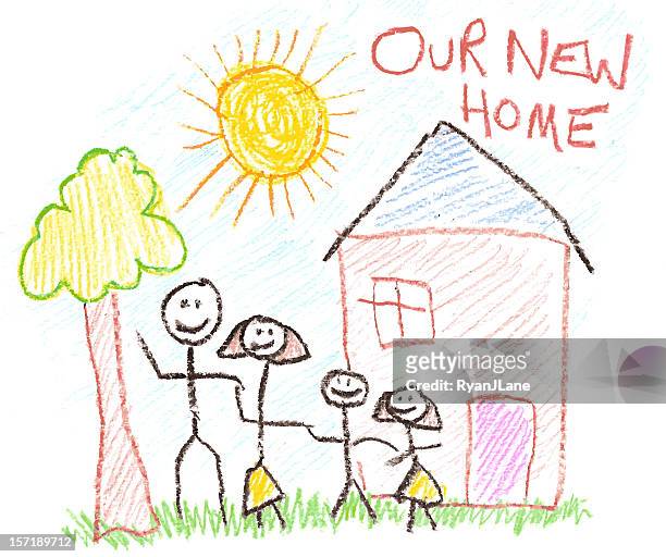 child's drawing of family and new home in crayon - kids art stock pictures, royalty-free photos & images