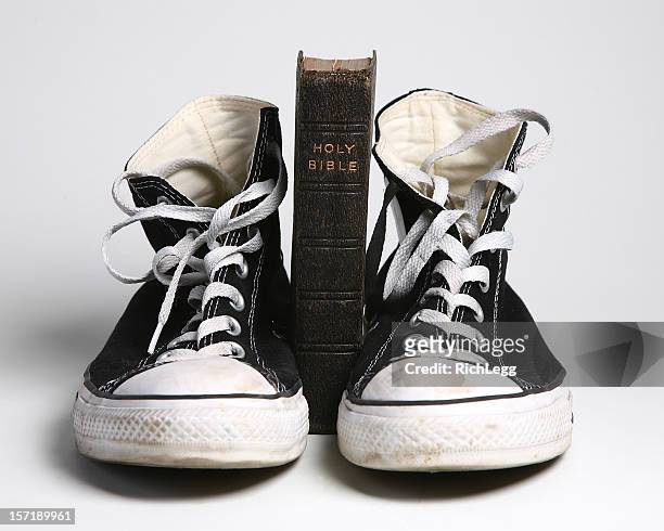 bible and tennis shoes - sports footwear stock pictures, royalty-free photos & images