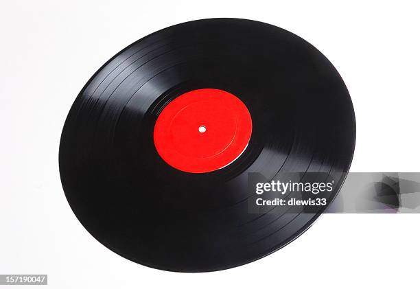 graphic image of an old vinyl record with red label - vinylplaat stockfoto's en -beelden