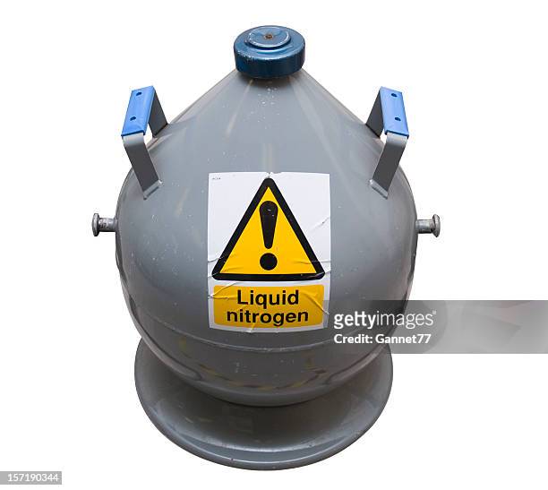 azoto liquido bottiglia, isolato su bianco - liquid nitrogen foto e immagini stock