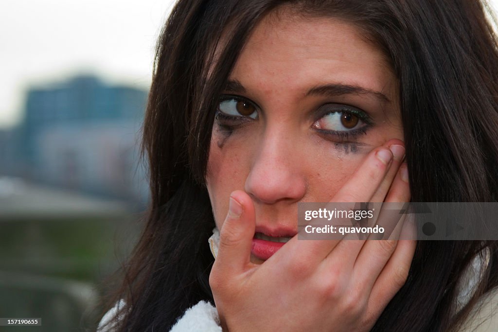 Beautiful Brunette Teenage Girl Crying Outside, Copy Space