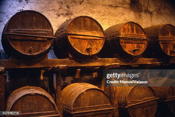 old wine barrels - jerez de la frontera spain stock pictures, royalty-free photos & images