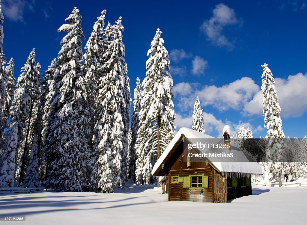 Log-Hütte im Winter