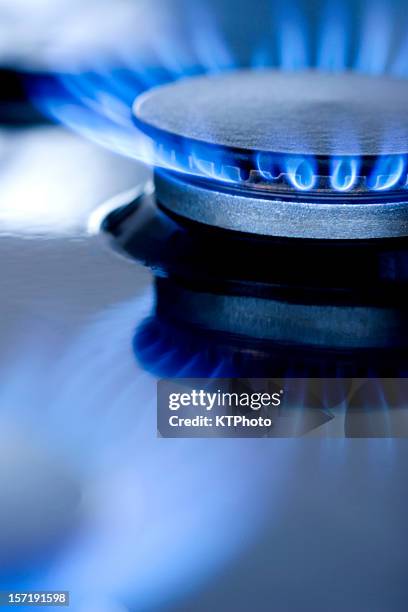 blue flames from burner - gas cooker stockfoto's en -beelden