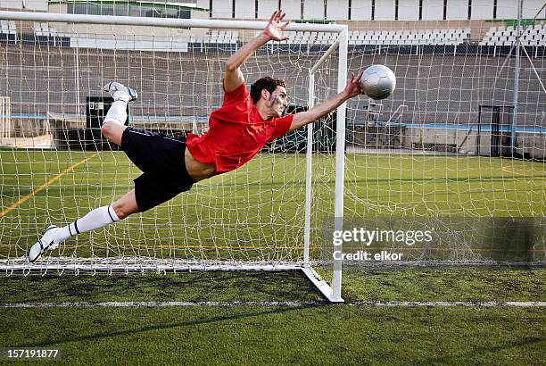 soccer goalkeeper catching the ball. - naar de grond duiken stockfoto's en -beelden