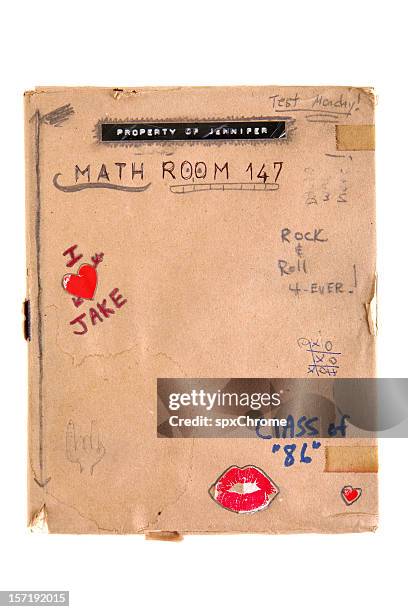 80 s retro-schule buch mit abdeckung - academic book cover stock-fotos und bilder