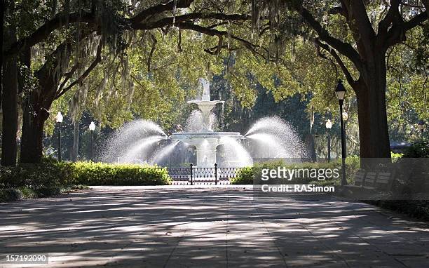 stone walkway and water fountain in the park - savannah stock pictures, royalty-free photos & images