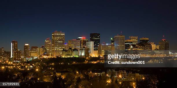 wide-angle shot of edmonton night skyline - edmonton stock pictures, royalty-free photos & images