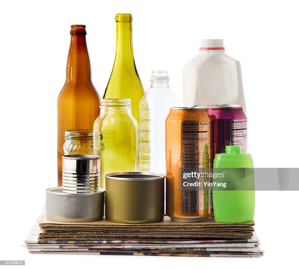 Recycling Packaging Material, Paper, Cardboard, Bottles, Plastic, Glass Cans