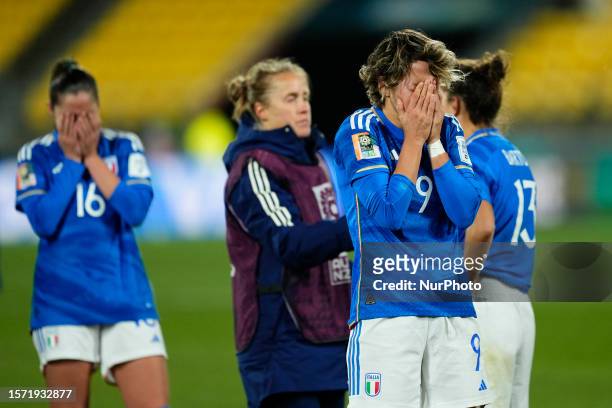 Valentina Giacinti of Italy and AS Roma and her teammates dejected after losing the FIFA Women's World Cup Australia &amp; New Zealand 2023 Group G...