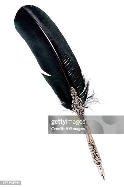 silver quill with black feather on white - feather quill stock pictures, royalty-free photos & images