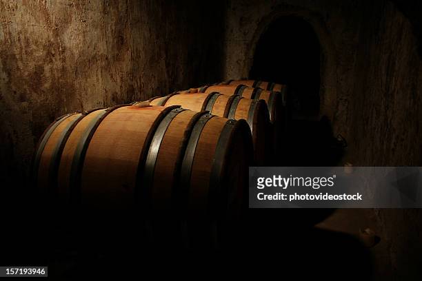 wine barrels in the caveau - wine barrels stock pictures, royalty-free photos & images