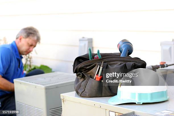 ac repair - tools of the trade - air conditioner technician stock pictures, royalty-free photos & images