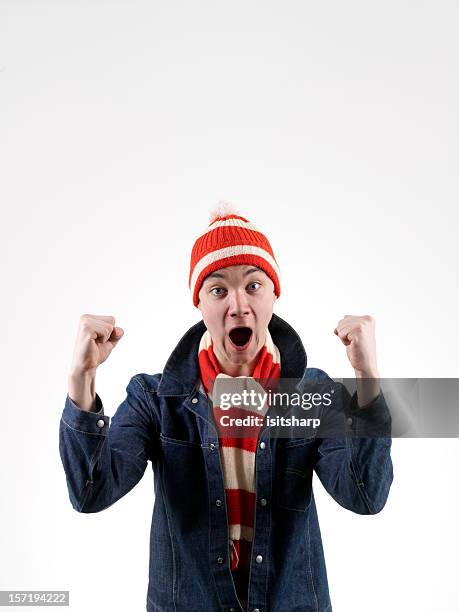 football supporter celebrating - striped scarf stock pictures, royalty-free photos & images