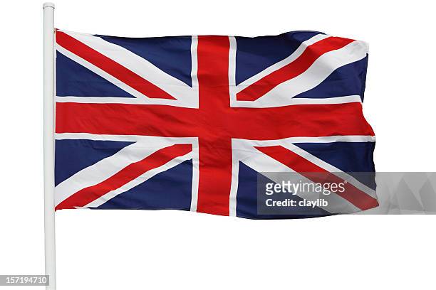 britische flagge winken auf stab mit clipping path - union jack stock-fotos und bilder