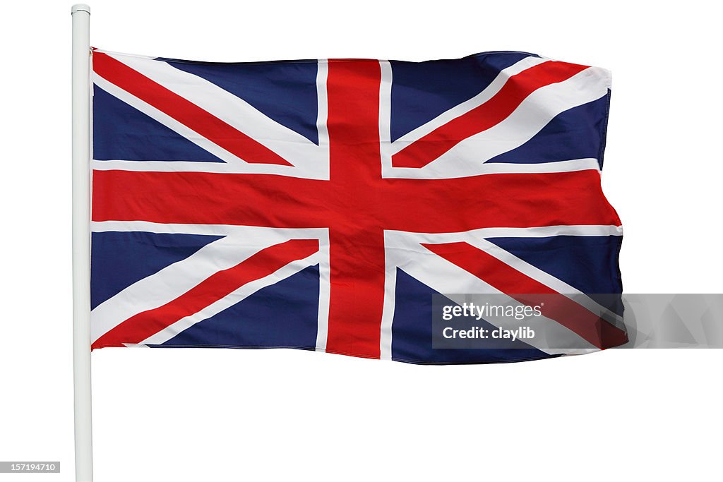 British flag waving on pole with clipping path