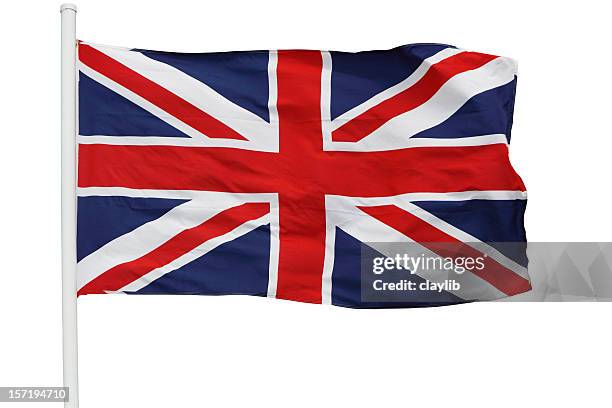 british flag waving on pole with clipping path - british flag stock pictures, royalty-free photos & images