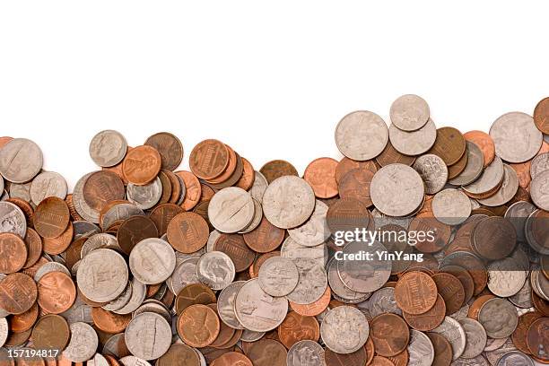 coins currency pile of wealth and savings on white background - silver stock pictures, royalty-free photos & images