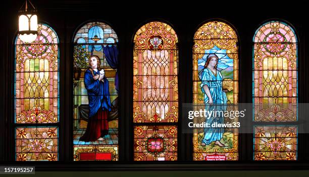 panel of five stained glass windows - stained glass stock pictures, royalty-free photos & images