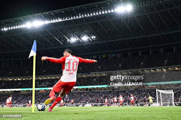 Leroy Sane of Bayern Muenche takes a corner kick during the preseason friendly match between Manchester City and Bayern Muenchen at National Stadium...