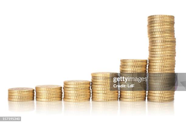 golden coins raising chart - pile of money stock pictures, royalty-free photos & images