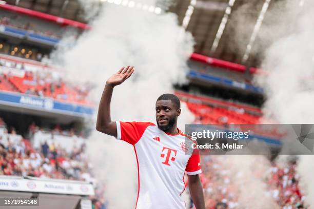 Dayot Upamecano, player of FC Bayern München during the team presentation of FC Bayern München at Allianz Arena on July 23, 2023 in Munich, Germany.