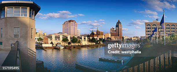 milwaukee skyline with river - milwaukee stock pictures, royalty-free photos & images