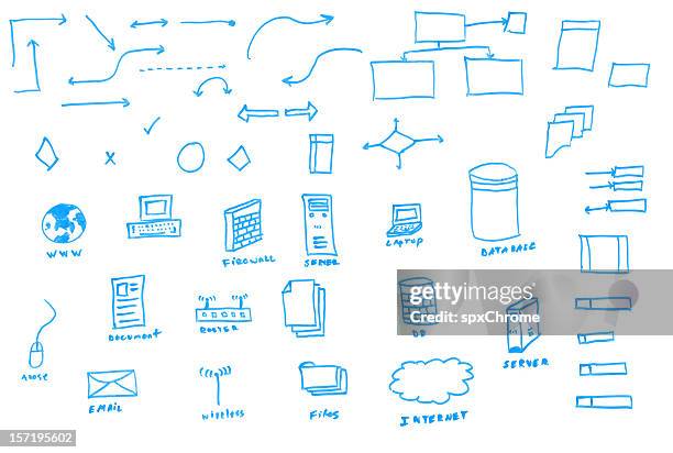 white board drawn data flowchart icons - policies and procedures icon stock pictures, royalty-free photos & images