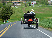 A man driving an Amish buggy down a sloping road